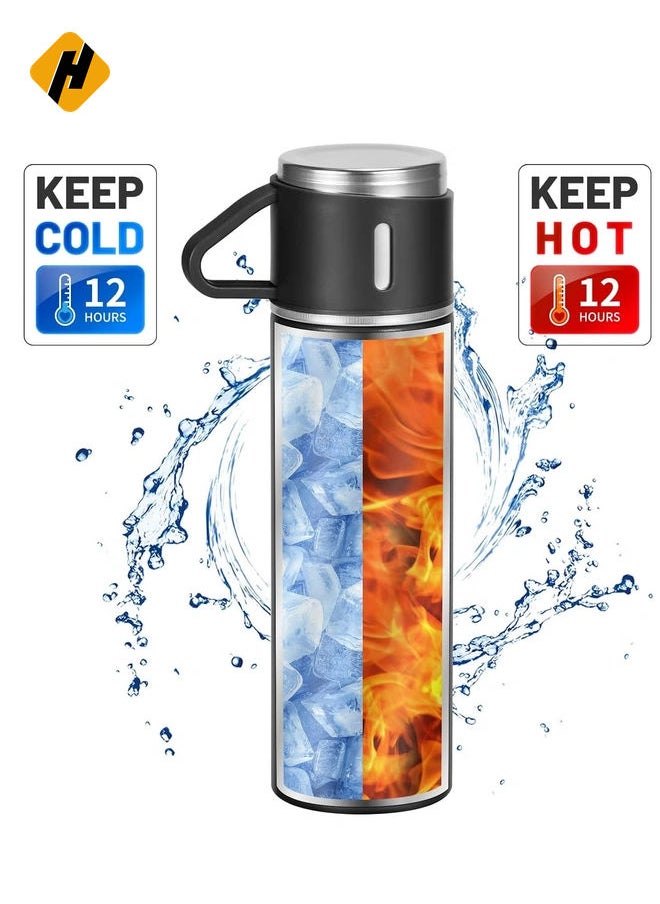 OZ Stainless Steel Thermo Bottle with 3 Cups, Insulated Coffee Water bottle for Hot and Cold Drinks, Vacuum Flask Set