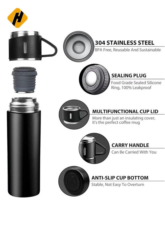 Vacuum Insulated Flask 500ml/17.6oz Stainless Steel Thermos Bottle with Cup for Coffee Water Hot and Cold Drink Flasks. (Black)