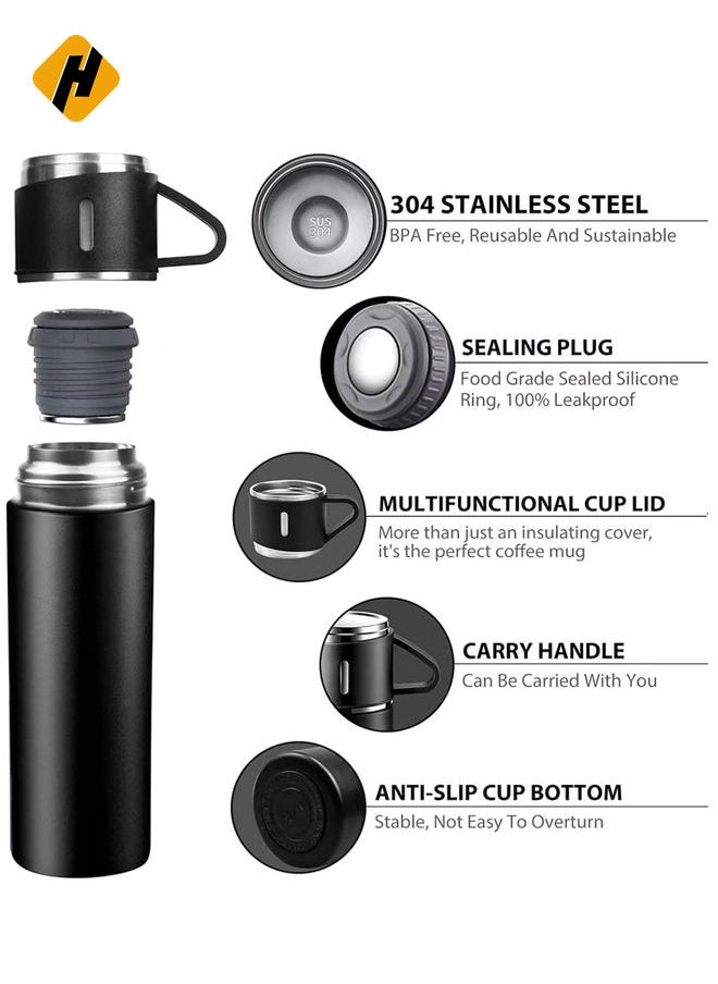 Vacuum Insulated Flask 500ml/17.6oz Stainless Steel Thermos Bottle with Cup for Coffee Water Hot and Cold Drink Flasks. (Black)