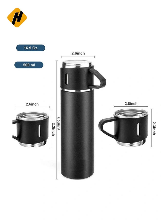 Vacuum Insulated Flask 500ml/17.6oz Stainless Steel Thermos Bottle with Cup for Coffee Water Hot and Cold Drink Flasks. (Black)