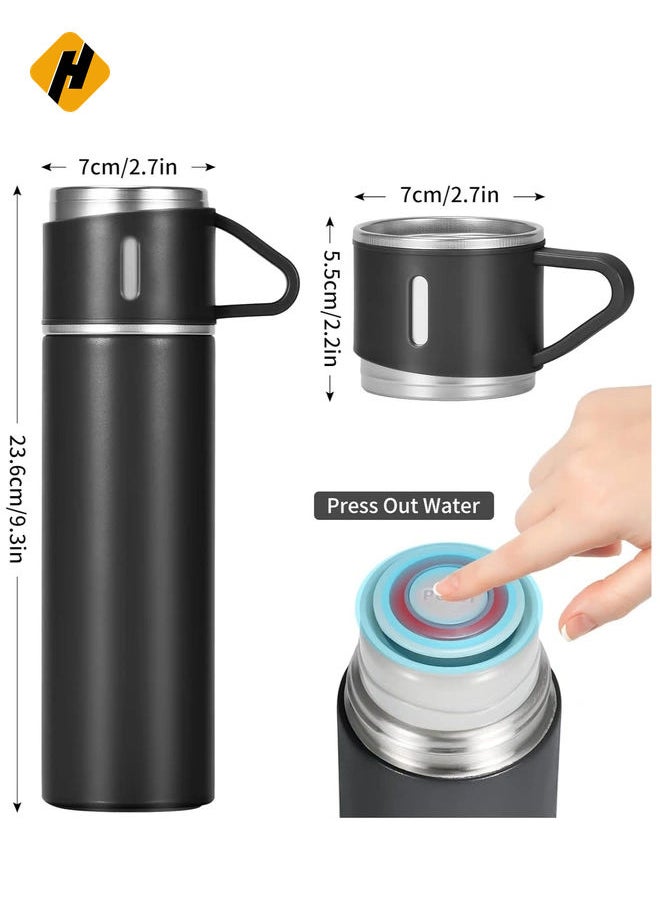 500ml/17 OZ Stainless Steel Thermo Bottle with 3 Cups, Insulated Coffee Water bottle for Hot and Cold Drinks, Vacuum Flask Set