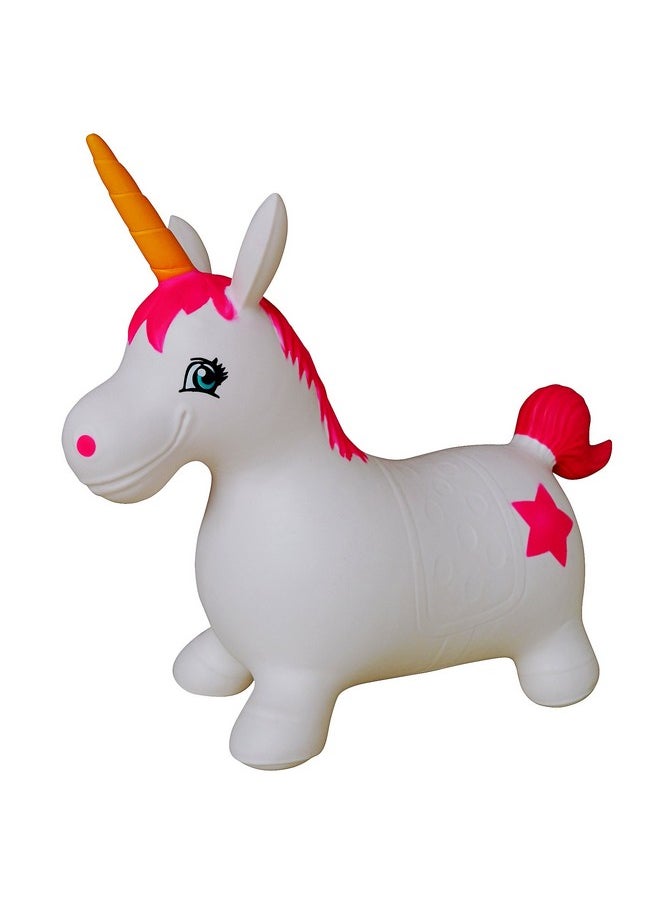 Unicorn Bouncer With Hand Pump, Inflatable Space Hopper, Ride-On Bouncy Animal For Children (White)