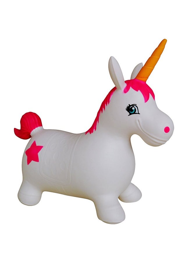 Unicorn Bouncer With Hand Pump, Inflatable Space Hopper, Ride-On Bouncy Animal For Children (White)