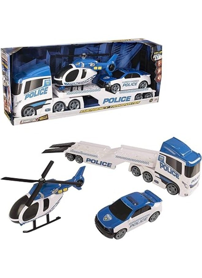 Mighty Machines Police Helicopter Transporter with Lights & Sound Kids Play Vehicle Set with Action Figures Toy Car Set for Ages 3+