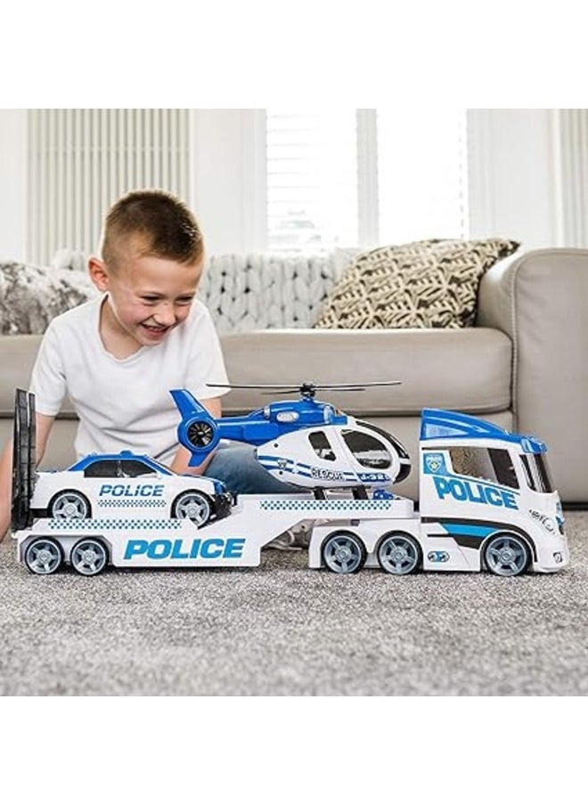 Mighty Machines Police Helicopter Transporter with Lights & Sound Kids Play Vehicle Set with Action Figures Toy Car Set for Ages 3+