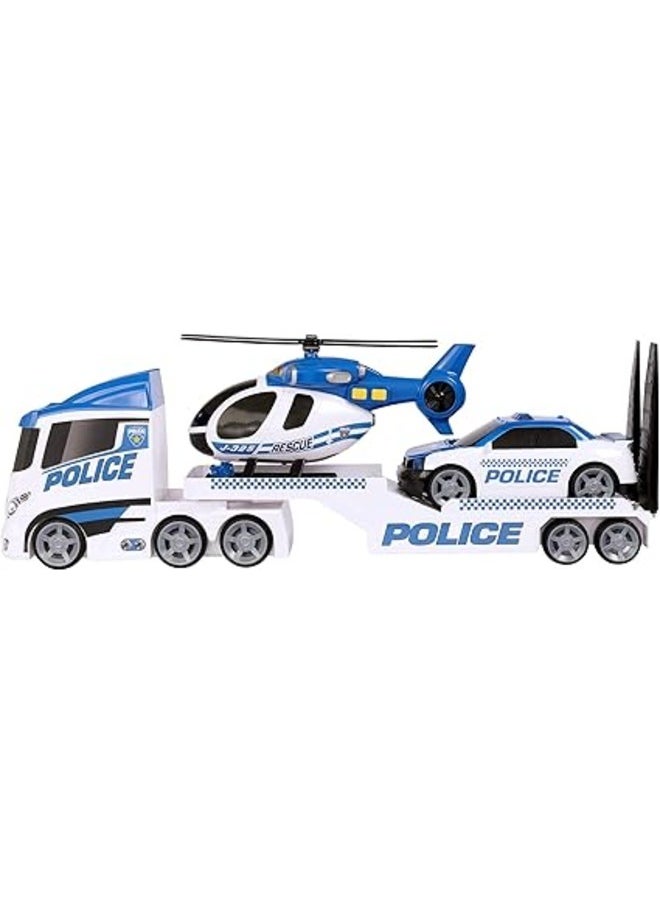 Mighty Machines Police Helicopter Transporter with Lights & Sound Kids Play Vehicle Set with Action Figures Toy Car Set for Ages 3+