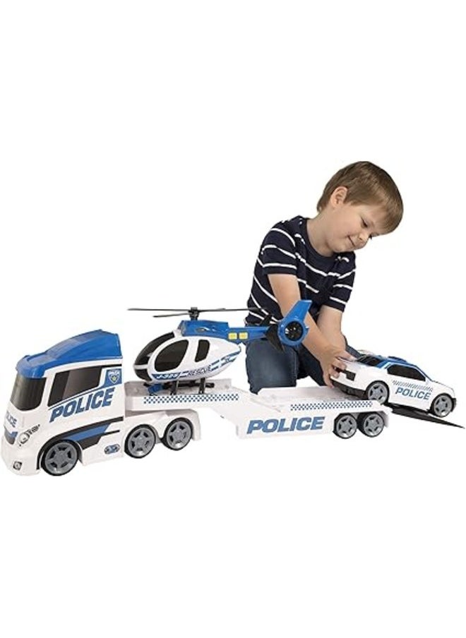 Mighty Machines Police Helicopter Transporter with Lights & Sound Kids Play Vehicle Set with Action Figures Toy Car Set for Ages 3+