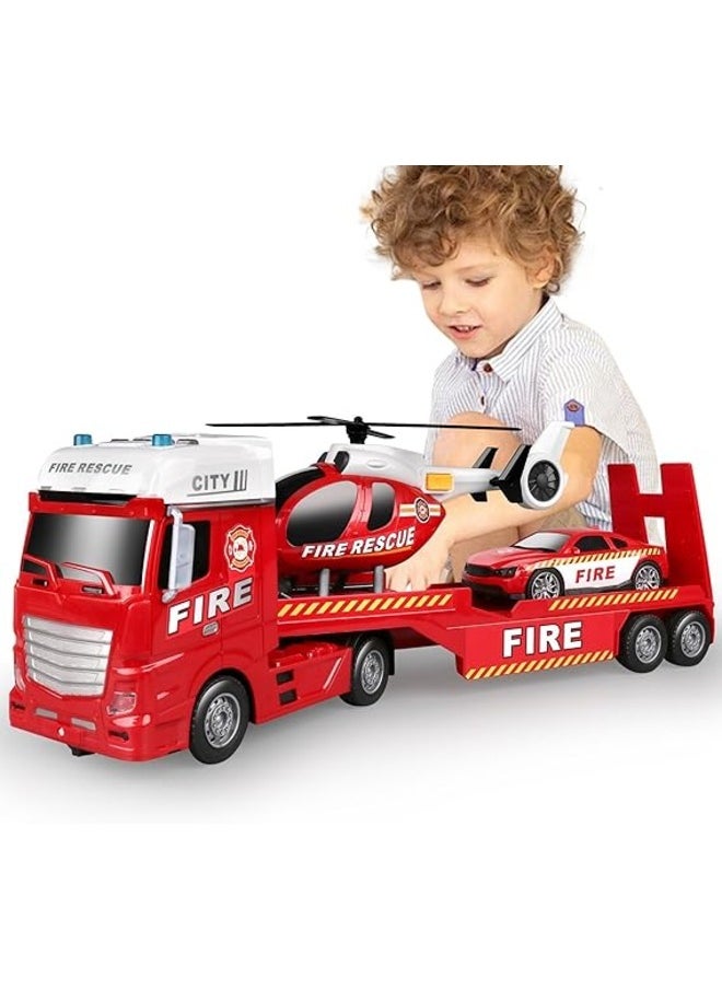 Semi Truck Toy & Rescue Emergency Vehicle Playset Fire Truck Police Car & Helicopter with Lights & Sound Flatbed Trailer Toy for Boys Ages 2-6