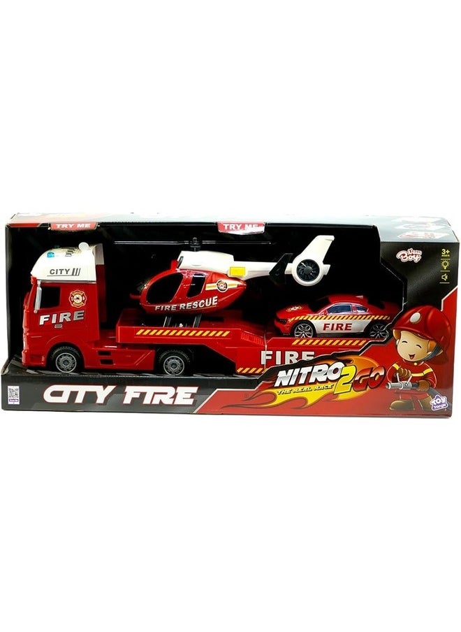 Semi Truck Toy & Rescue Emergency Vehicle Playset Fire Truck Police Car & Helicopter with Lights & Sound Flatbed Trailer Toy for Boys Ages 2-6