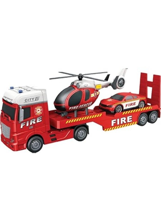 Semi Truck Toy & Rescue Emergency Vehicle Playset Fire Truck Police Car & Helicopter with Lights & Sound Flatbed Trailer Toy for Boys Ages 2-6