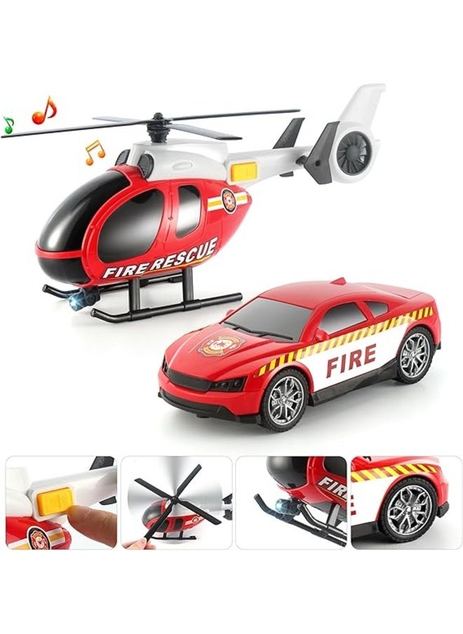 Semi Truck Toy & Rescue Emergency Vehicle Playset Fire Truck Police Car & Helicopter with Lights & Sound Flatbed Trailer Toy for Boys Ages 2-6