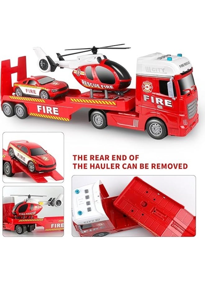 Semi Truck Toy & Rescue Emergency Vehicle Playset Fire Truck Police Car & Helicopter with Lights & Sound Flatbed Trailer Toy for Boys Ages 2-6