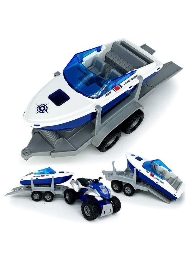 Large Atv Toy With Trailer Speedboat Tow Truck Flatbed Transport Police Motorcycle Toy Vehicle 2 In 1 Playset, Light Sound, Toys Trucks For Boys 3 4 5 6 7 Years Old Kids Toddlers Birthday Gifts, Blue