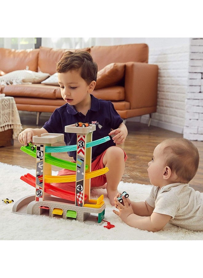 Car Ramp Toy For 2 3 Year Old Boy Gifts, Toddler Race Track Toy For 18 Month Old With 4 Wooden Cars And 3 Car Garage