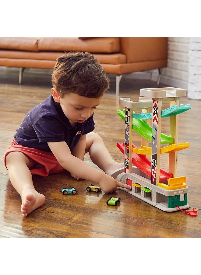 Car Ramp Toy For 2 3 Year Old Boy Gifts, Toddler Race Track Toy For 18 Month Old With 4 Wooden Cars And 3 Car Garage