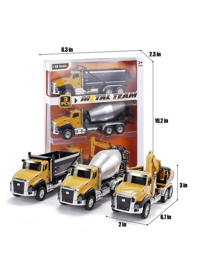 3 Pack Of Diecast Engineering Construction Vehicles, Dump Truck, Digger, Mixer Truck, 1/50 Scale Metal Collectible Model Cars, Pull Back Car Toys With Opening Doors For Boys And Girls