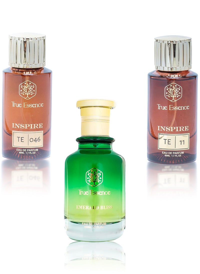 True Essence Combo Pack Of 3 Emerald Bliss 100 ml For Men And Inspire Collection TE 11 And TE 46 Eau De Parfum 50 ml For Unisex