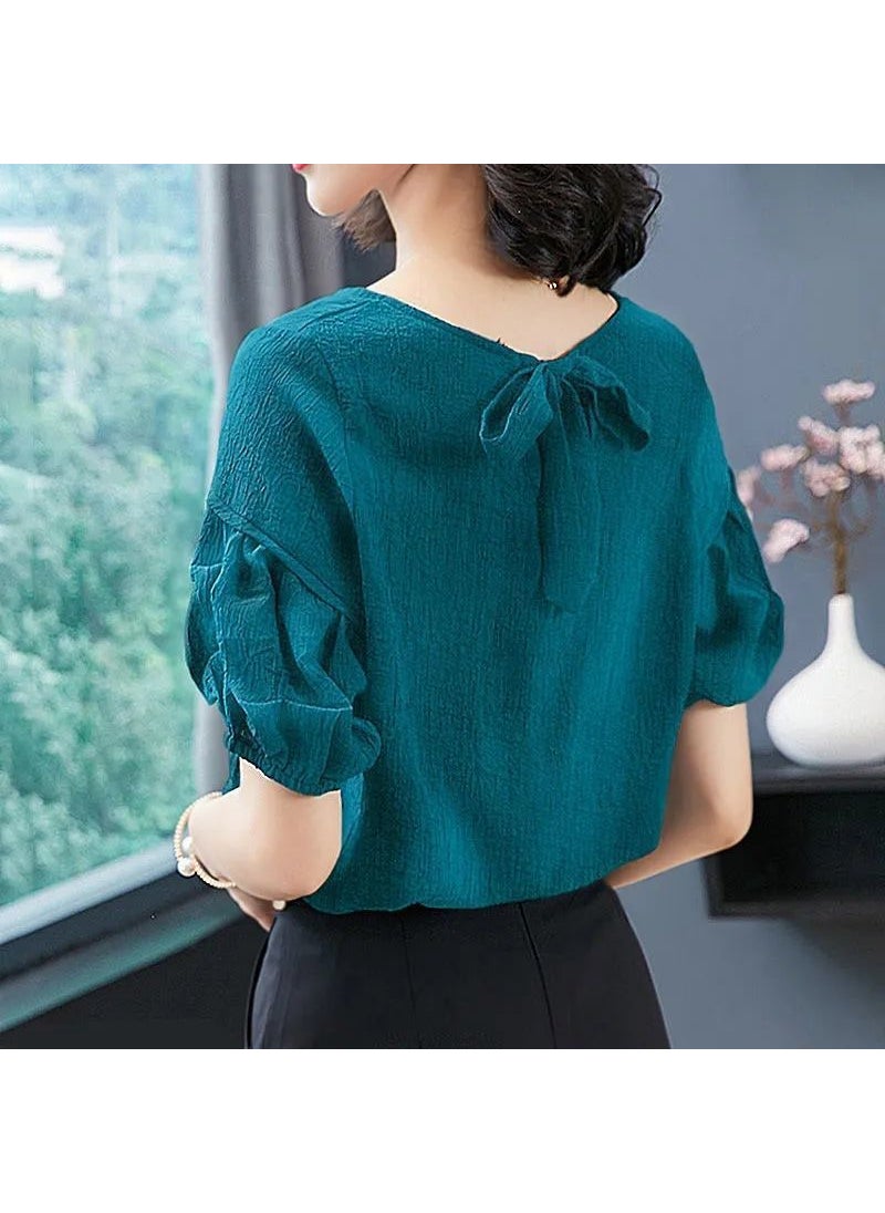 1 x 5 pcs Summer Chiffon T-Shirt Large Size Slimming Womens Top Peacock Green