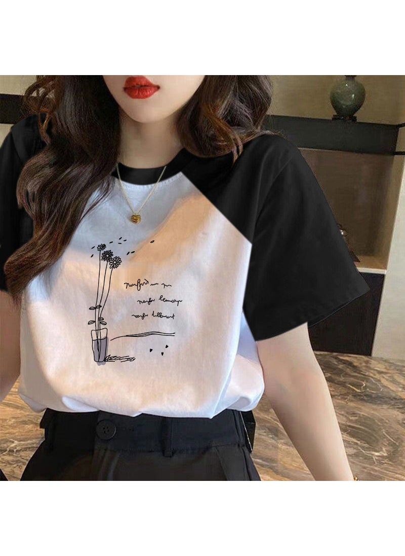 100 Cotton Contrast Short-sleeved T-shirt Women's 2023 New Spring and Summer Loose T-shirt All-match Top Instagram Trendy Women