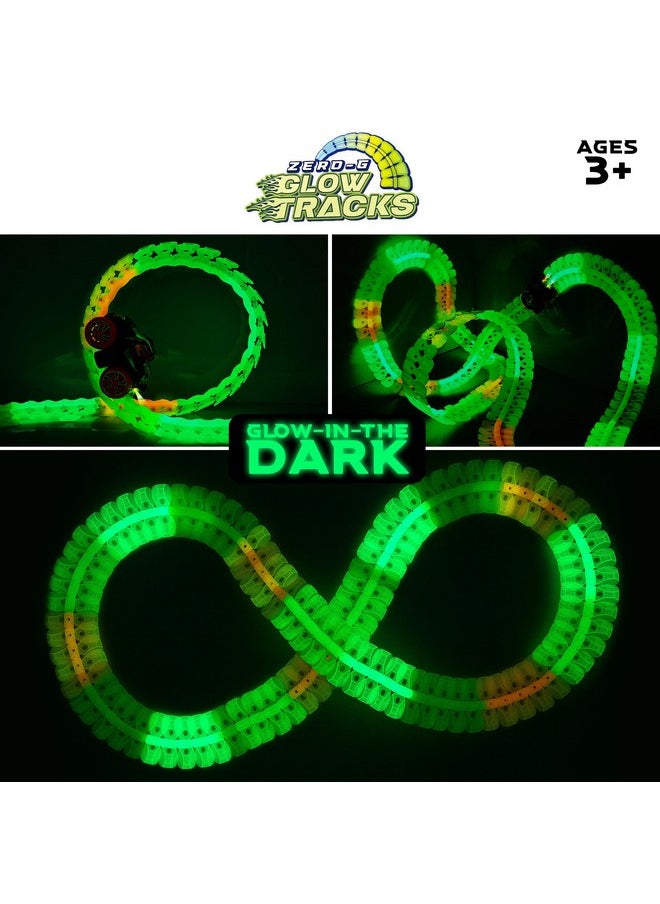 Zero-G Glow Race Track For Kids- 105Pcs Glow In The Dark Flexible Race Car Track Set With Suction Cups, Slot Car, 2 Graffiti Toy Cars Shells, Stem Toy Led Car Tracks For Boys And Girls Age 3+