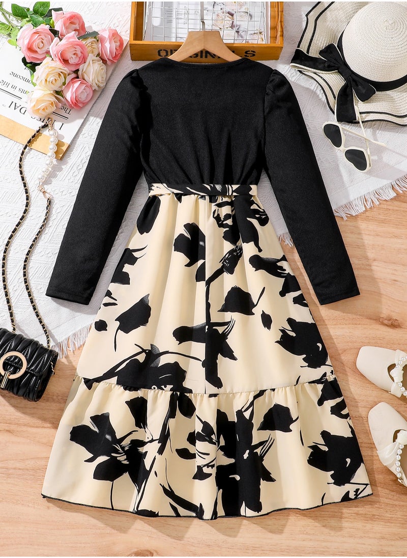 Tween Girls Dress Black Long Sleeve Knitted Patchwork Floral Printed Ankle-Length Dress Trendy Girls Dress Modest Vintage Style Kids Dress