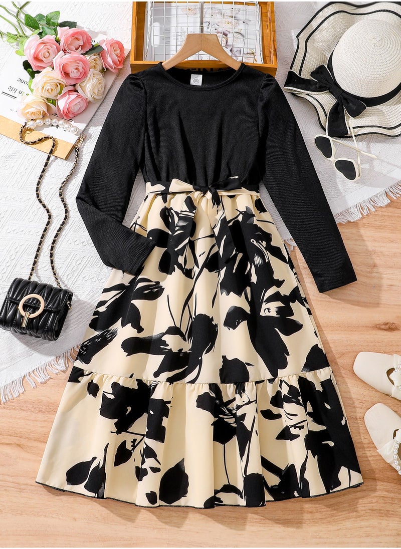 Tween Girls Dress Black Long Sleeve Knitted Patchwork Floral Printed Ankle-Length Dress Trendy Girls Dress Modest Vintage Style Kids Dress