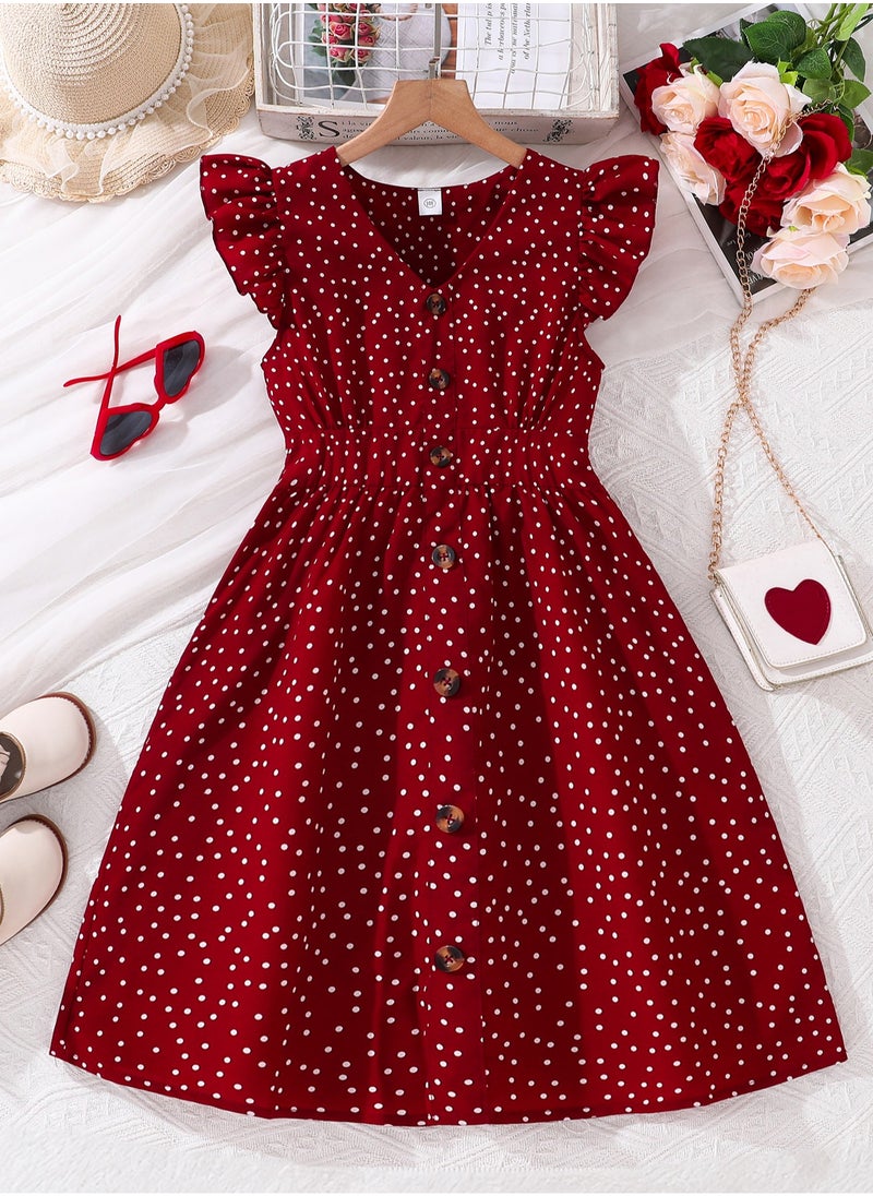 Tween Girls Dress Red Polka Dot Button-Trim Wing Sleeve Knee-Length Dress Modest Summer Classic Elegant Style Kids Dress Party Ceremony Clothes