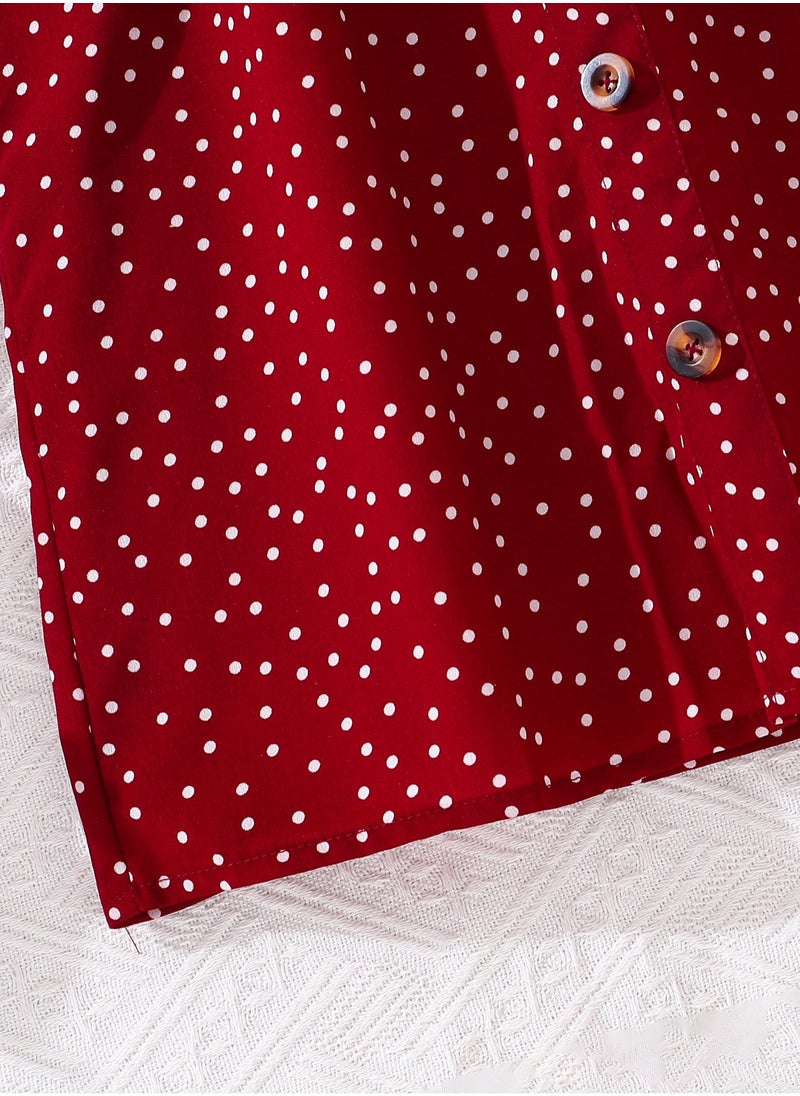 Tween Girls Dress Red Polka Dot Button-Trim Wing Sleeve Knee-Length Dress Modest Summer Classic Elegant Style Kids Dress Party Ceremony Clothes