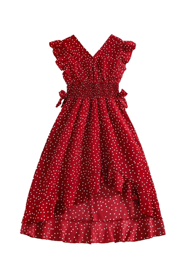 Girls Dress Wine Red Polka Dot V-neck Wing-Sleeve Irregular-Hem Chiffon Dress Elegnat Sweet Style Summer Young Girls Dress