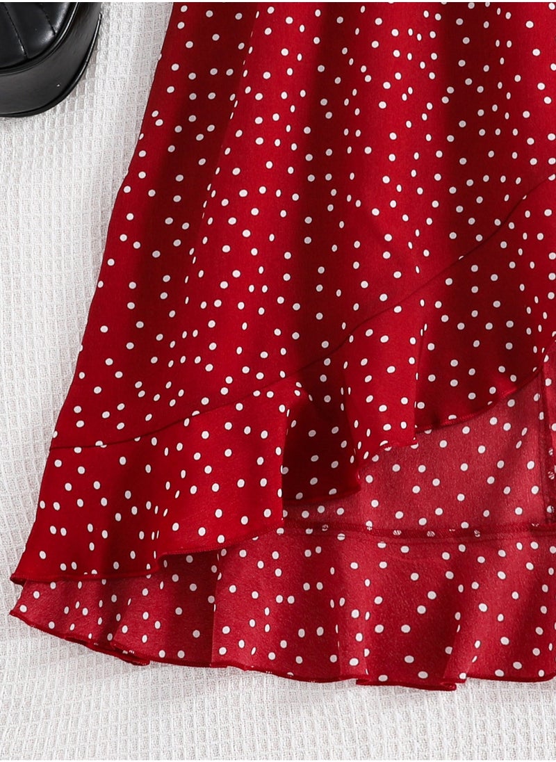 Girls Dress Wine Red Polka Dot V-neck Wing-Sleeve Irregular-Hem Chiffon Dress Elegnat Sweet Style Summer Young Girls Dress