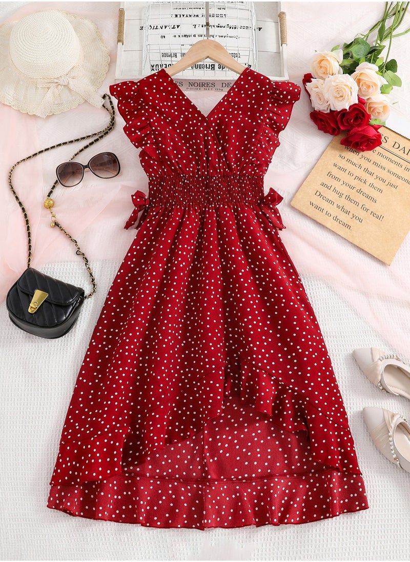 Girls Dress Wine Red Polka Dot V-neck Wing-Sleeve Irregular-Hem Chiffon Dress Elegnat Sweet Style Summer Young Girls Dress