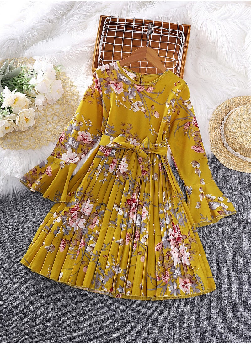 Tween Girls Elegant Style Pleated Dress Yellow Color Floral Printed Flare Long Sleeve Belted Pleated Dress  Modest Dress Suitable For Communion Party Family Gathering Outgoing Birthday Festival Wedding