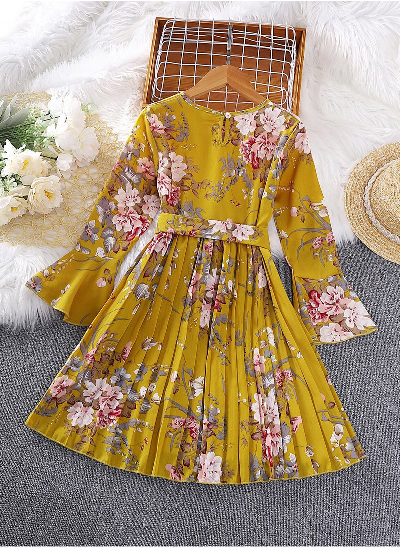 Tween Girls Elegant Style Pleated Dress Yellow Color Floral Printed Flare Long Sleeve Belted Pleated Dress  Modest Dress Suitable For Communion Party Family Gathering Outgoing Birthday Festival Wedding