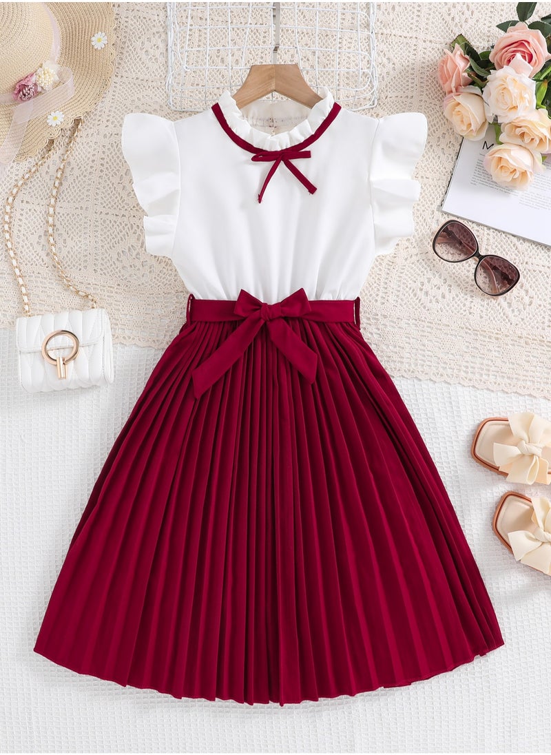 Preppy Style Red Knee-Length Pleated Dress Tween Girls Summer Casual Dress School Church Communion Clothes