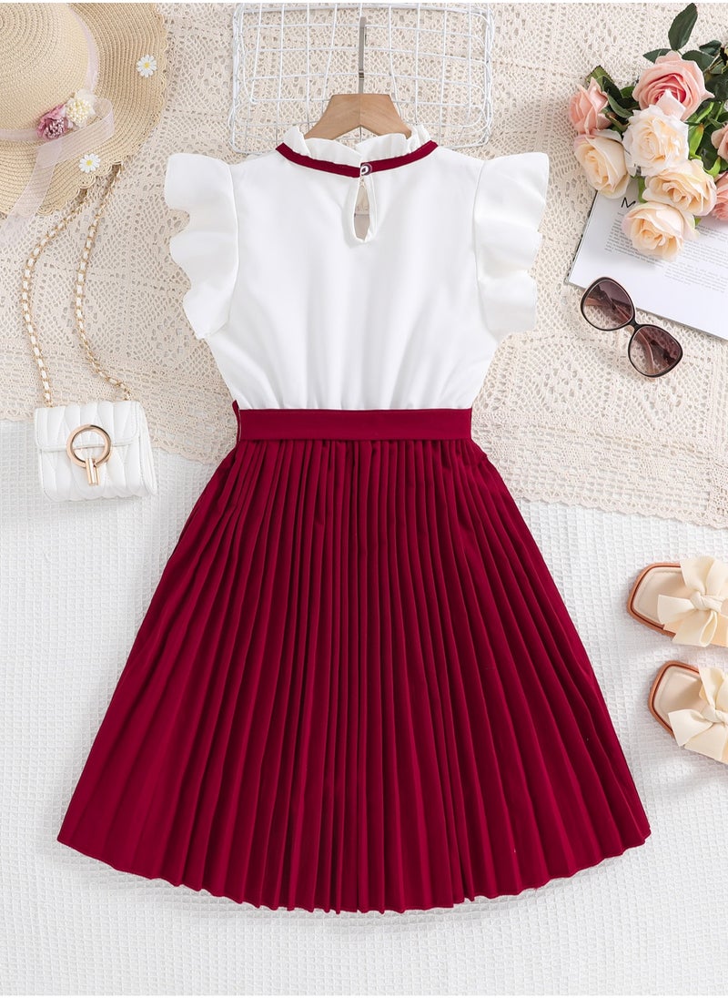 Preppy Style Red Knee-Length Pleated Dress Tween Girls Summer Casual Dress School Church Communion Clothes