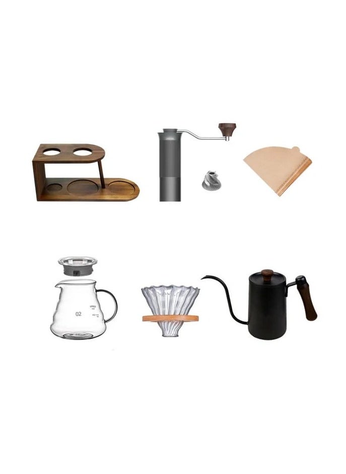 Liying V-60 Pour Over Coffee Maker Set | Coffee Kettle, Glass Server, Glass Dripper, Manual Steel Grinder, Filter Paper with Stand for Traveling, Camping,Outdoor Activities