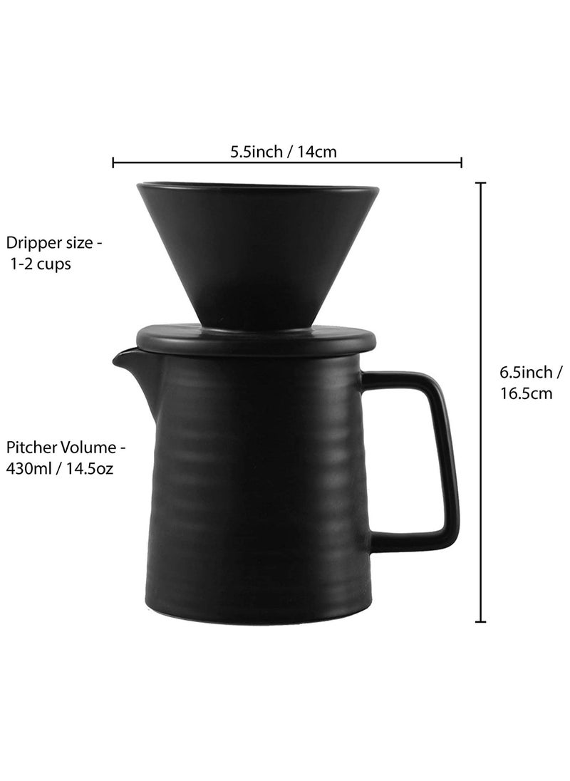 Handmade Ceramic Pour Over Coffee Maker Set,Hand Brewing V60 Size 01 Cone Coffee Filter&500ml Coffee Pot, 1-2 Cup,Premium Black