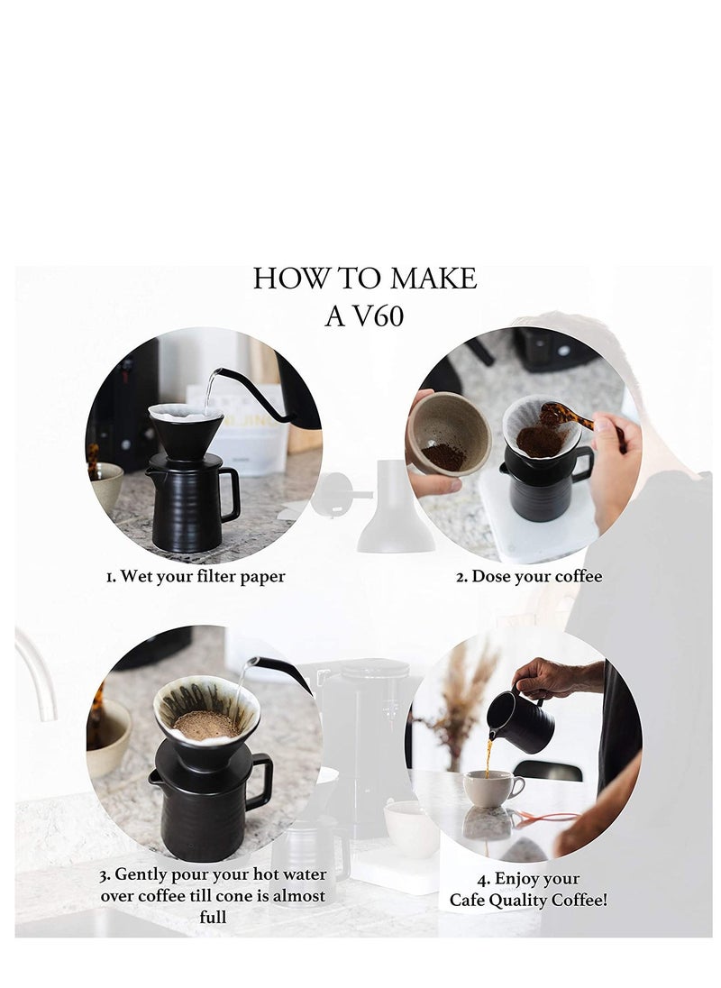 Handmade Ceramic Pour Over Coffee Maker Set,Hand Brewing V60 Size 01 Cone Coffee Filter&500ml Coffee Pot, 1-2 Cup,Premium Black