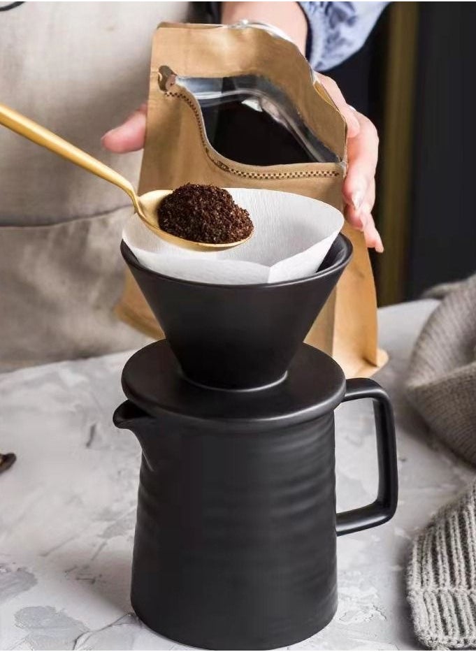 Handmade Ceramic Pour Over Coffee Maker Set,Hand Brewing V60 Size 01 Cone Coffee Filter&500ml Coffee Pot, 1-2 Cup,Premium Black