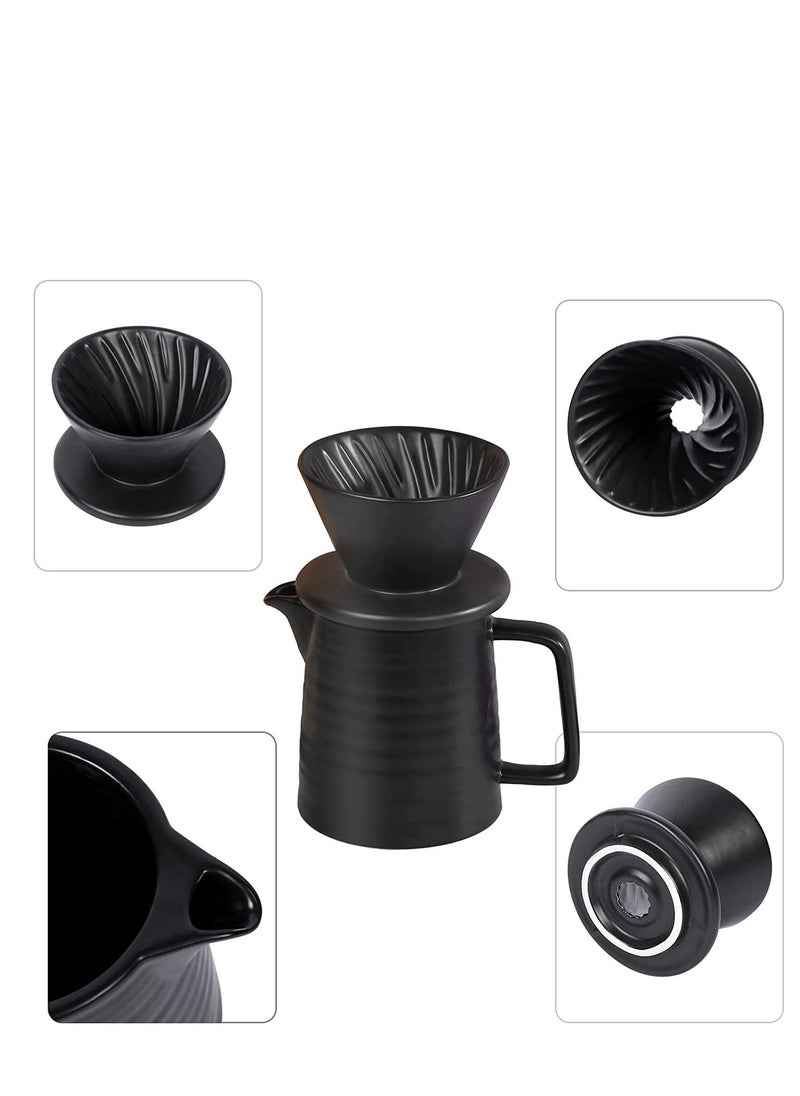 Handmade Ceramic Pour Over Coffee Maker Set,Hand Brewing V60 Size 01 Cone Coffee Filter&500ml Coffee Pot, 1-2 Cup,Premium Black