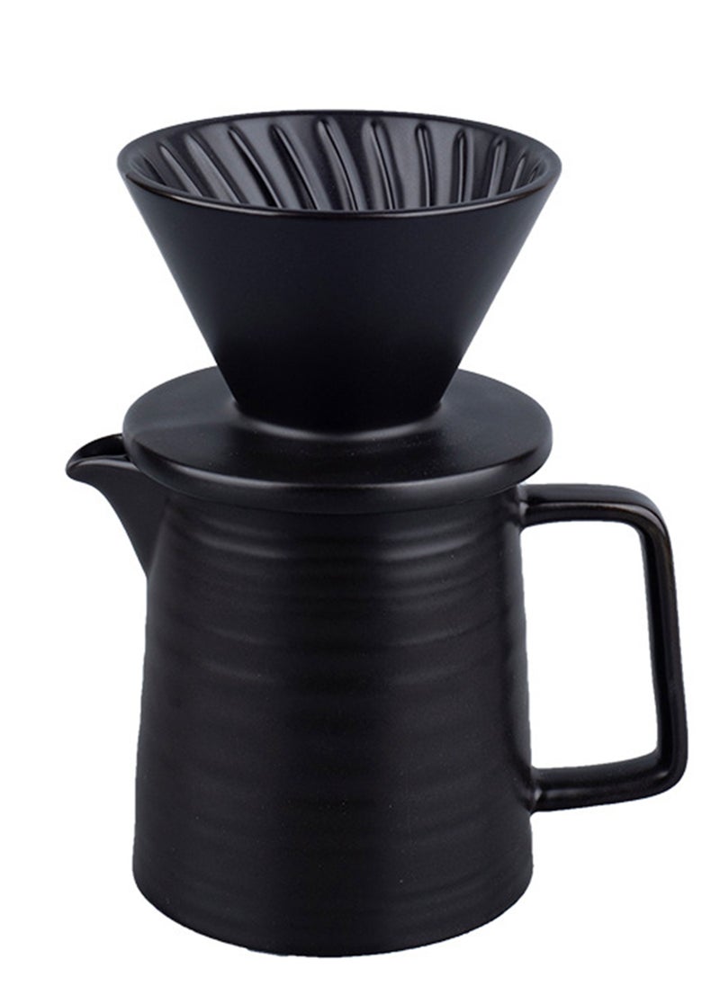 Handmade Ceramic Pour Over Coffee Maker Set,Hand Brewing V60 Size 01 Cone Coffee Filter&500ml Coffee Pot, 1-2 Cup,Premium Black