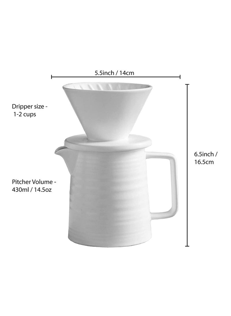 Handmade Ceramic Pour Over Coffee Maker Set,Hand Brewing V60 Size 01 Cone Coffee Filter&500ml Coffee Pot, 1-2 Cup,Premium White