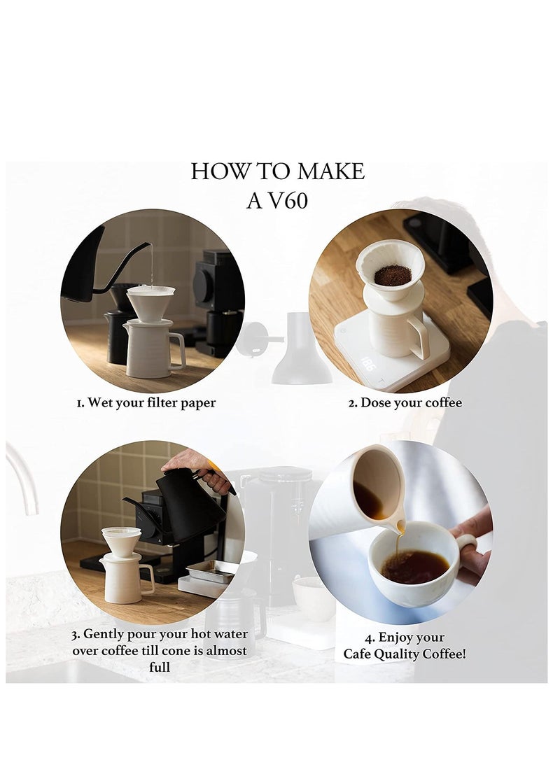 Handmade Ceramic Pour Over Coffee Maker Set,Hand Brewing V60 Size 01 Cone Coffee Filter&500ml Coffee Pot, 1-2 Cup,Premium White