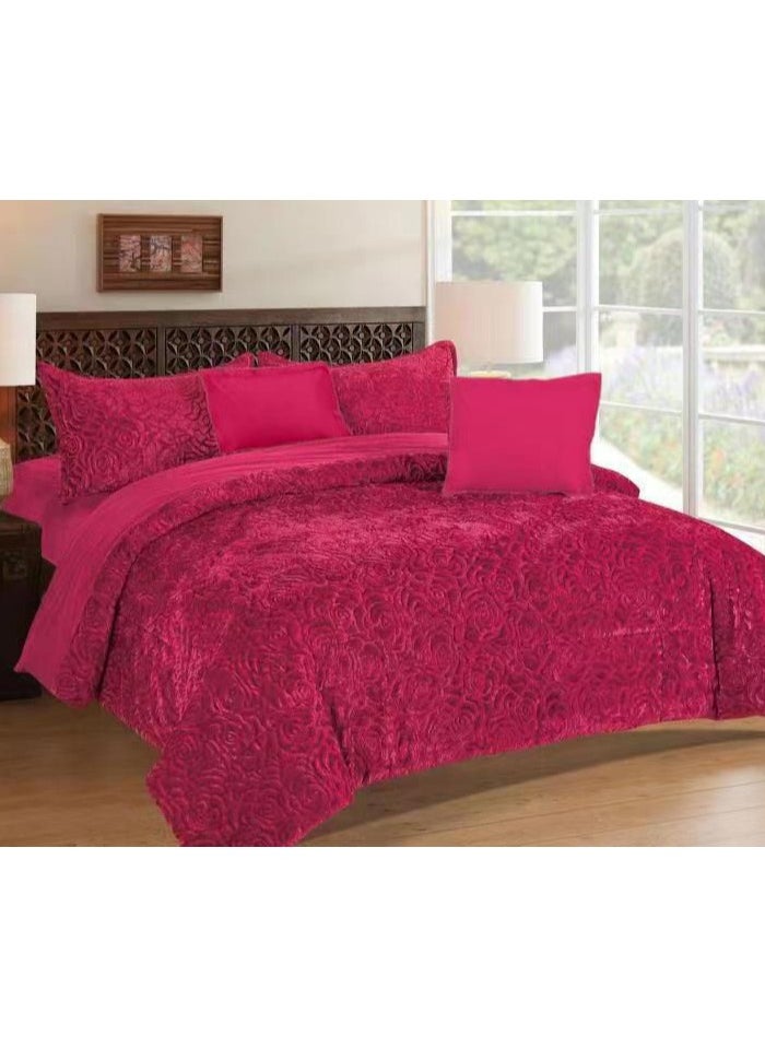 COMFY SOFT & LUXURIOUS MAROON ROSE FAUX FUR 6PC KINGSIZE COMFORTER SET