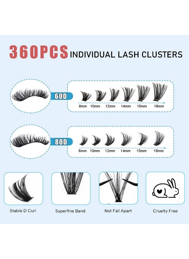 Lash Clusters 360Pcs Eyelash Clusters 60D+80D Cluster Eyelash Extensions Wispy Individual Lashes Cluster Natural Diy Eyelashes C Curl Volume False Mink Eye Lash Extension Trays