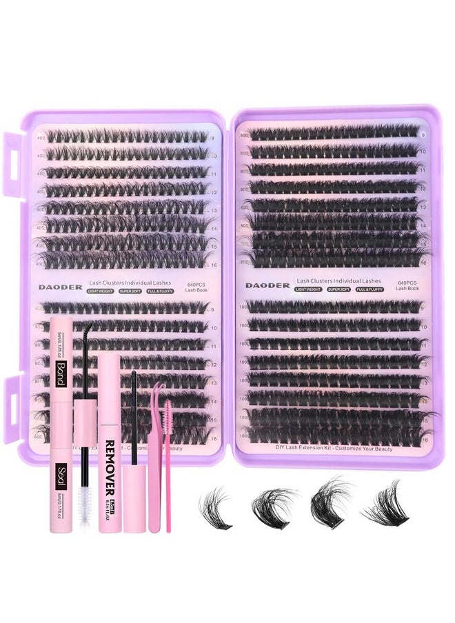 Lash Clusters Kit 640Pcs Lash Extension Kit Wispy 40D+60D+80D+100D Fluffy Cluster Lash Kit D Curl Volume Individual Lashes With Lash Revmover Lash Bond Seal 9-16Mm(40D+60D+80D+100D Kit 640Pcs)