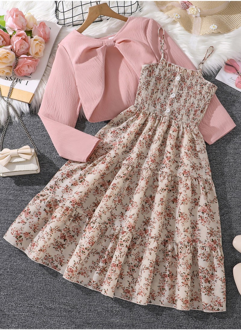 Dress Sets For Girls Pink Knot Outwear & Ditsy Shirred Sling Dress 2 Pieces Set Sweet Style Tween Girls Dress Set Elegnat Modest Clothes