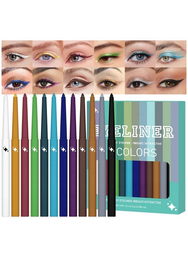 12Pcs Colored Glitter Shimmery Shimmer Gel Eyeliner Pencils Set For Women, Green Blue White Black Purple Eyeliner Waterline Waterproof Lapiz De Ojos Delineador De Ojos Contra El Agua Eye Makeup