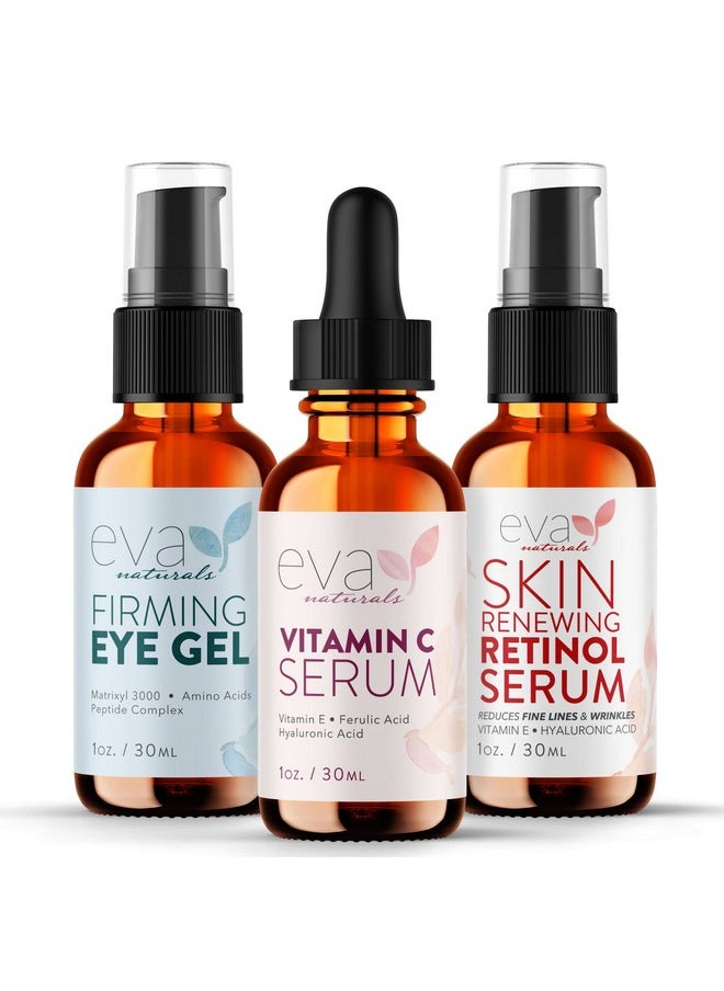 Facelift In A Bottle - 3-In-1 Anti-Aging Set With Retinol Serum, Vitamin C Serum And Eye Gel - Formulated To Reduce Wrinkles, Fade Dark Spots And Treat Under-Eye Bags - Premium Quality