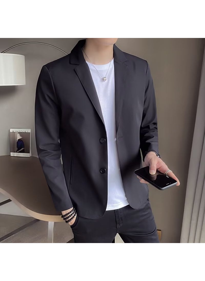 Korean Casual Blazer Men Autumn Solid Simple Jacket Black